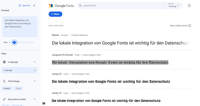 Oberfläche von Google Fonts