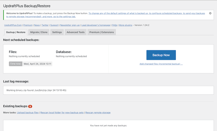 UpdraftPlus WordPress Oberfläche