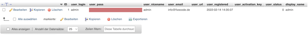 Anzeige der Tabelle "wp_users" in phpMyAdmin